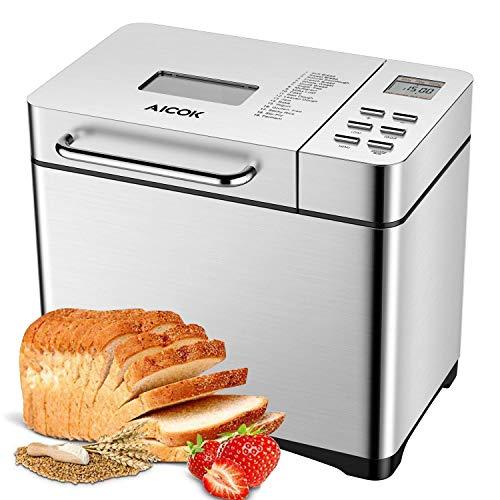 Aicok Stainless Steel Bread Machine, 2LB 19-in-1 Programmable XL Bread Maker with Fruit Nut Dispenser, Nonstick Ceramic Pan, 3 Loaf Sizes & 3 Crust Colors, Gluten-Free Setting, Reserve& Keep Warm Set