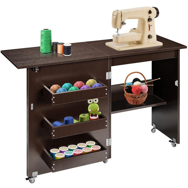 VIVOHOME Folding Sewing Craft Table, Rolling Sewing Machine Desk with Storage Shelves, Sewing Cabinet with Lift for Small Spaces, Dark Brown