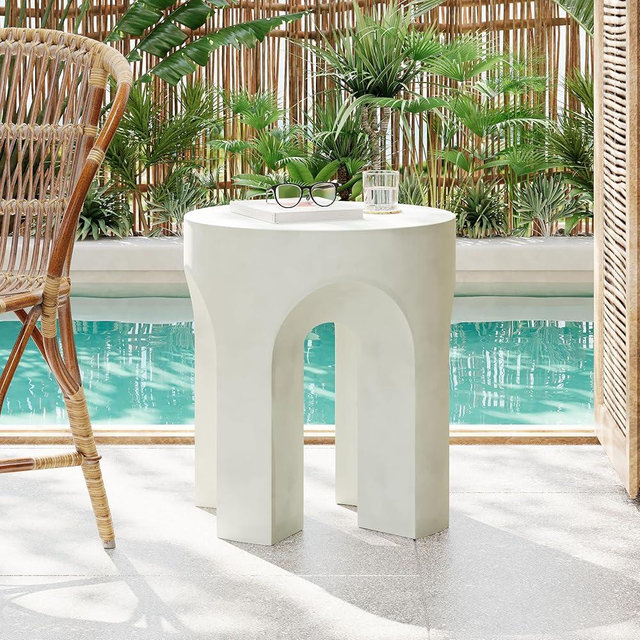 Christopher Knight Home Ottilie Outdoor Side Table, Lightweight Concrete Garden Stool with Four Legs Shaped, Decorative Accent Table Patio End Table for Patio Balcony Beach Pool Side, Antique White