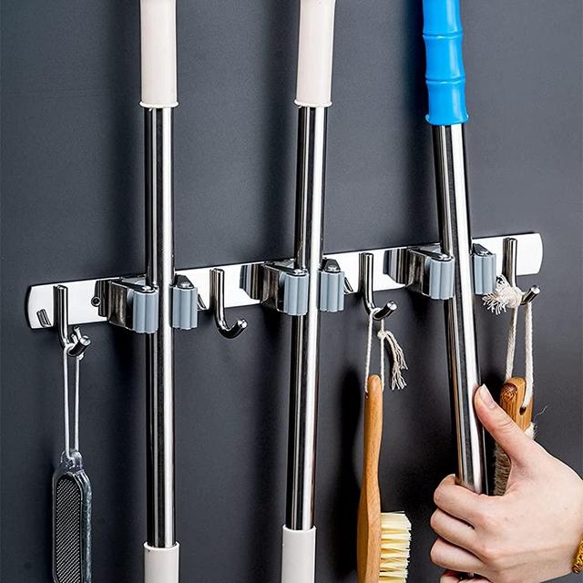 Broom Holder Wall Mount, Broom Organizer Wall Mount, Broom Mop Holder, Stainless Steel Broom Holder, Storage Organizer for Brooms and Mops (Grey-3 Racks/4 Hooks)