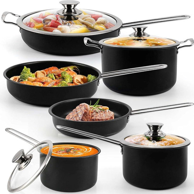 Stainless Steel pots and pans set, 10 Piece Nonstick Kitchen Induction Cookware Set,Works with Induction/Electric and Gas Cooktops, Nonstick, Dishwasher, Black