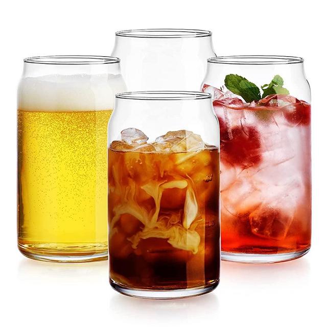 Glavers Drinking Glasses 4pc Can Shaped Glass Cup Set, 16oz Beer Can Glass Coffee Cups, Glass Tumbler, Cocktail Glasses, Whiskey Beer Glasses, Water Glasses, Soda Can Glasses, Collins Glasses.