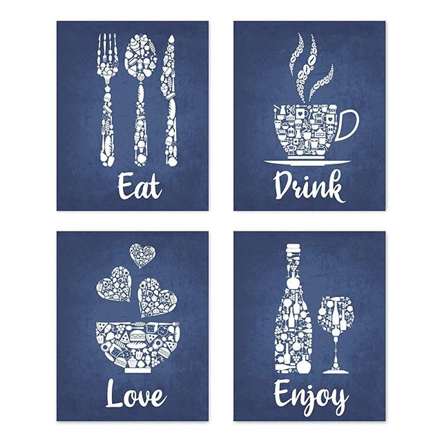 Navy Blue White Mosaic Vintage Inspirational Kitchen Restaurant Cafe Bar Wall Art Decorations Eat Drink Love Wine Coffee Hearts Prints Posters Signs Sets Rustic Farmhouse Country Home Dining Room House Decor Funny Sayings Quotes 8x10 UNFRAMED