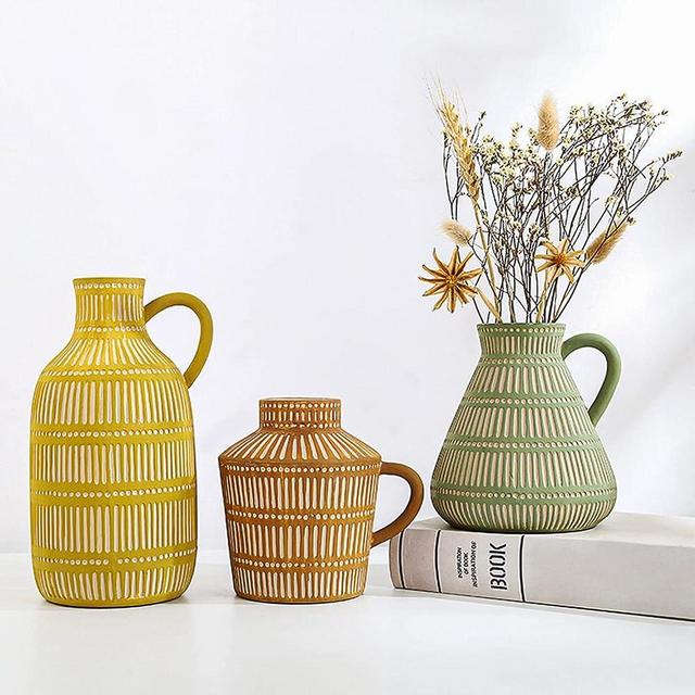 LIZOFER Ceramic Vase Set of 3 for Living Room Bedroom Modern Yellow Brown Green Fake Flower Plant Vases for Home Decor Office Centerpieces Antique Retro Rustic Farmhouse Vintage Classic Gift