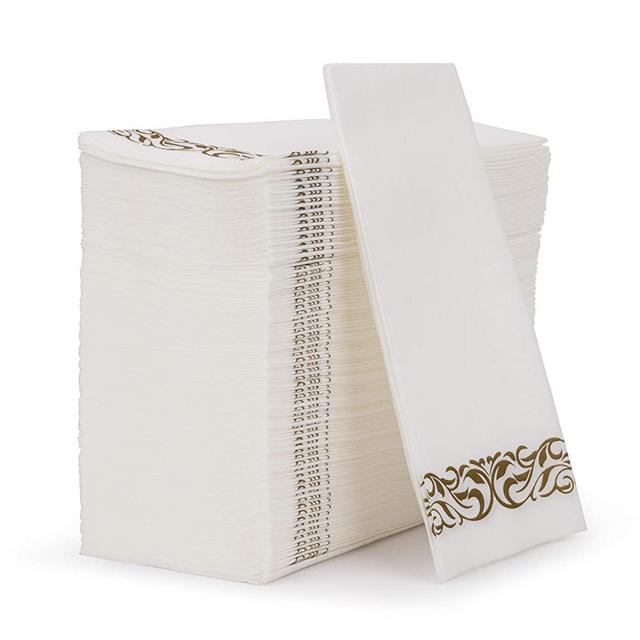 FETE Decorative Hand Towels Disposable, Gold Flower 200pcs, Linen-Feel Guest Towels – Formal Dinner, Anniversary, and Wedding Napkins for Tables, Guestrooms, and Restrooms - 8.5 x 4 -Inches Folded