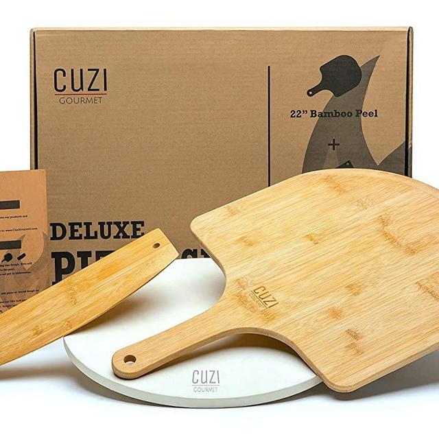 Cuzi Gourmet XL 14” Pizza Making Kit (3 Pieces) - All-Natural Round Cordierite Baking Stone, Bamboo Peel Shovel & Pizza Cutter Slicer - Shock Resistant Makes Large Artisan Pizzas for Grill, Oven, BBQ