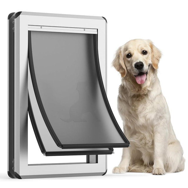 Large Dog Door for Exterior Doors, Aluminum Frame Doggy Door, Fully Magnetic Flaps Large Breed Dog Doors, Sliding Lock Panel, Rust Resistant and Energy Efficient, (Pet Up to100 Lb)
