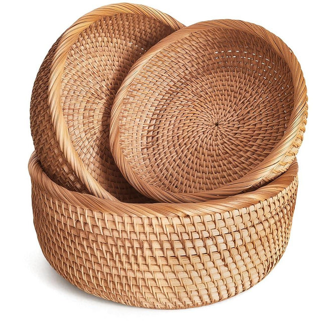 Rattan Bread Baskets for Serving, Hand Woven Food Baskets, Natural Wicker Fruit Basket for Kitchen Counter, Decorative Bread Baskets for Gifts, Snacks, Candies, Nuts, Keys, Wallets, etc.(Round-Combo)