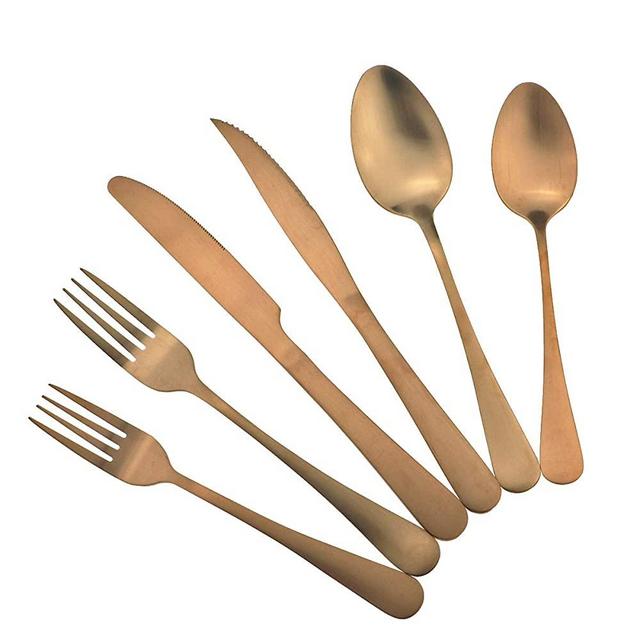Gugrida 24-Piece Titanium Rose Gold Plated Stainless Steel Flatware Set, Travel Cutlery Include Knife Fork Spoon Service for 4,Healthy & Eco-Friendly Silverware - Matte Elegant Modern Eating Utensils