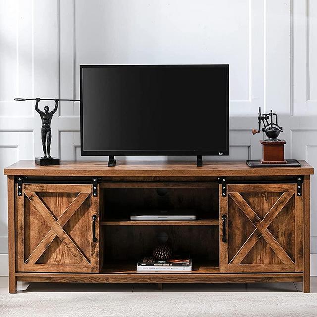 AUXSOUL Farmhouse TV Stand for 65 Inch Flat Screen - Wooden Entertainment Center with 2 Sliding Barn Doors - Storage Cabinet TV Console for Living Room (Brown)