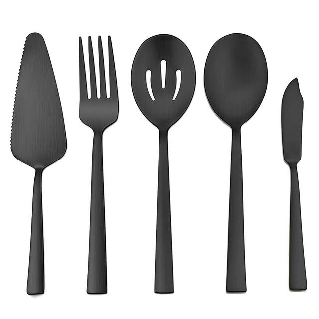 Herogo 5-Piece Matte Black Stainless Steel Serving Utensils Set, Metal Square Hostess Serving Set for Catering Banquet Buffet Party Camping Kitchen Restaurant, Dishwasher Safe