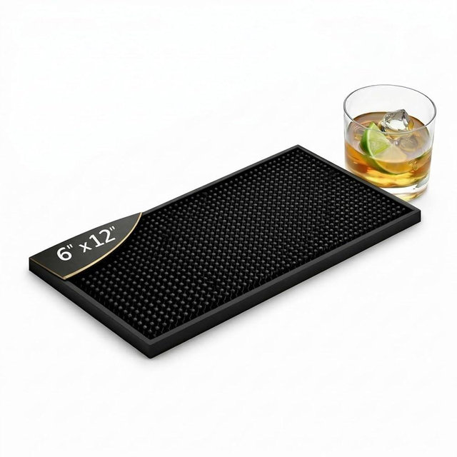 Bar Service Mat 6" x 12" – Odorless Premium PVC Coffee Bar Mat – 0.3" Thick Non-Slip Countertop Spill Mat for Espresso Machine, Bartending & Dish Drying (Low Odor, Black)