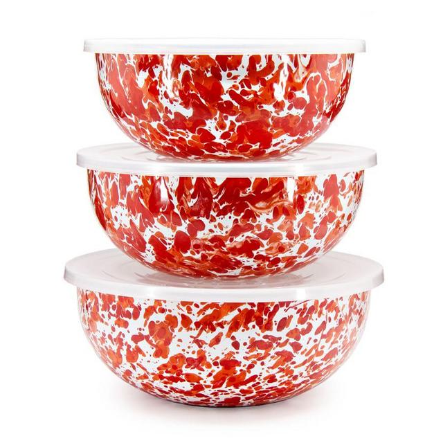 Golden Rabbit Enamel Lidded Mixing Bowls, Set of 3 - Red/Orange Speckle