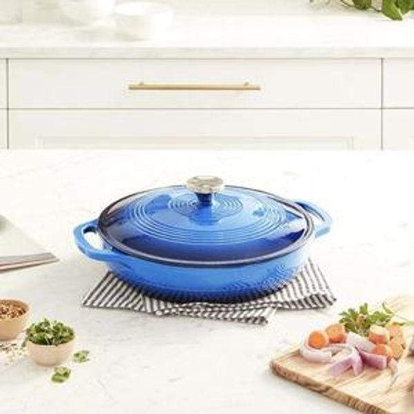 Lodge 3.6 Quart Enameled Cast Iron Oval Casserole With Lid – Dual Handles – Oven Safe up to 500° F or on Stovetop - Use to Marinate, Cook, Bake, Refrigerate and Serve – Caribbean Blue