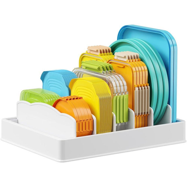 Lifewit Plastic Lid Organizers for Inside Cabinet, Food Storage Container Lids Holder with 5 Inserts & 6 Adjustable Sections, Plates, Bowls Storage for Deep Drawer in Kitchen, 13" x 10"