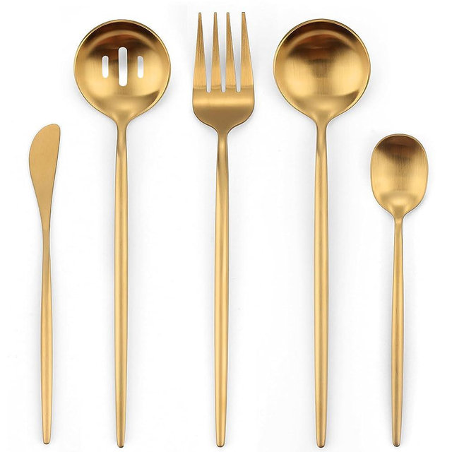 Matte Gold Serving Set，Oliviola 5-Piece Stainless Steel Large Hostess Set with Round Edge, Satin Finished, Dishwasher Safe -Large Spoon, Large Fork,Butter Knife，Sugar Spoon & Slotted Spoon