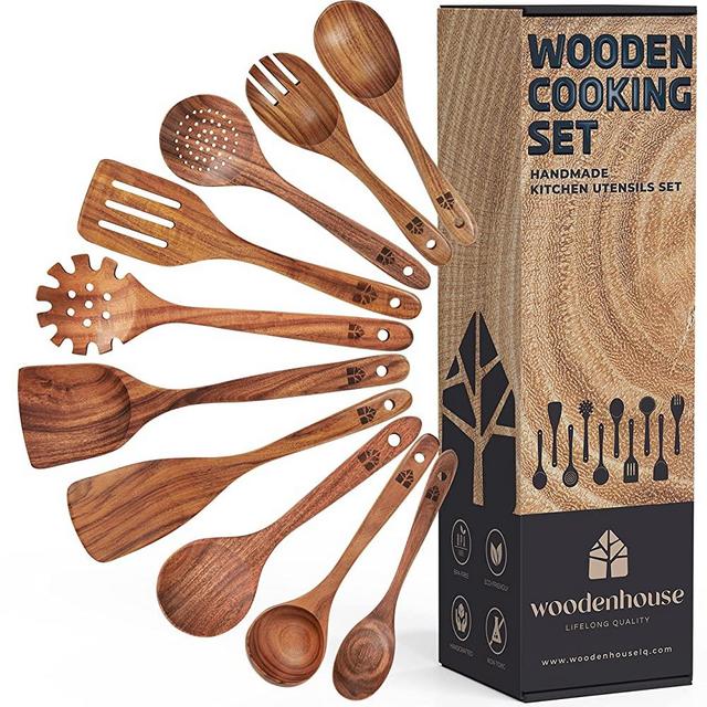 Wooden Spoons for Cooking, 10 Pcs Teak Wood Cooking Utensil Set - Wooden Kitchen Utensils for Nonstick Pans & Cookware - Sturdy, Lightweight & Heat Resistant