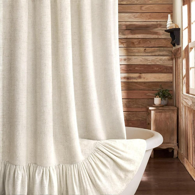 XOGUIBO Farmhouse Shower Curtain with Ruffle Hem Linen Cream Shower Curtains for Bathroom Country Vintage Rustic Natural Fabric, 72" W x 80" L