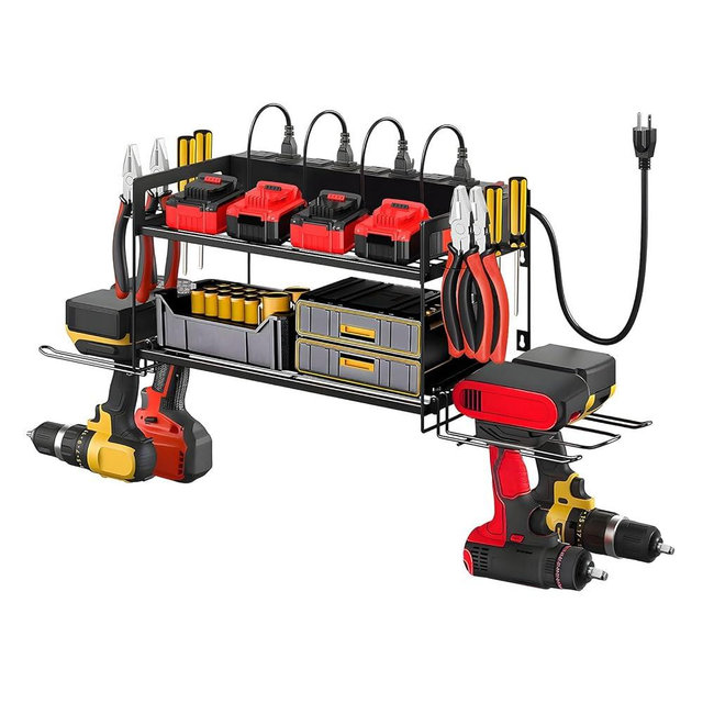 Power Tool Organizer Wall Mount, 2 Layers Heavy Duty 4 Cordless Drill Holder Tool Storage Rack with 8 Power Strip Battery Charging Station,Pliers Screwdrivers Organizer for Garage, Workshop,Tool Room