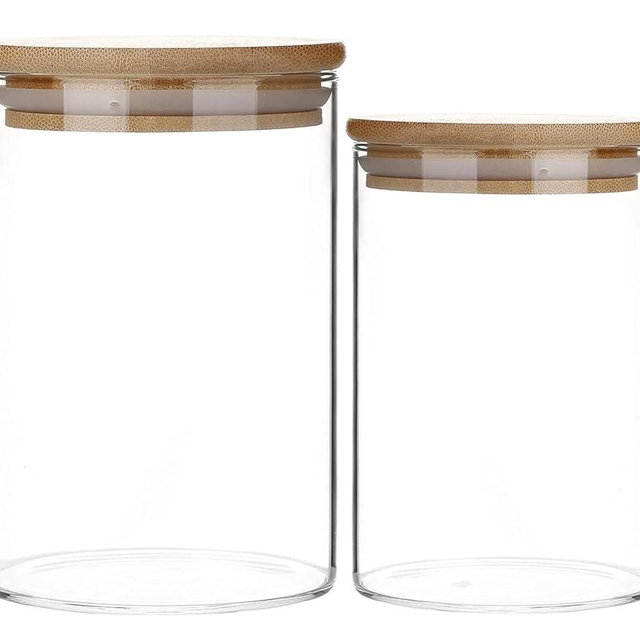 HomeyHoney Set of 2 Clear Glass Food Storage Jars with Airtight Bamboo Lids, Glass Food Storage Containers for Coffee, Sugar, Candies, Cookies, Spice. (Round, 6 + 5 Inch)