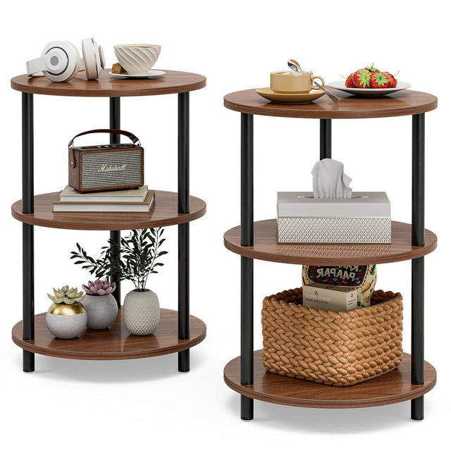 XBurmo Small Round End Table - 3 Tier Design Accent Table, Narrow Side or Bedside Stand, Industrial Vintage Nightstand for Bedroom, Living Room, or Small Spaces, Set of 2, Rustic Walnut