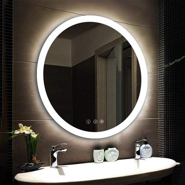 LED Lighted Vanity Bathroom Mirror, Wall Mounted + Anti Fog & Dimmer Touch Switch + UL Listed + IP44 Waterproof + 5500K Cool White +3000K Warm + CRI>90 + Vertical&Horizontal … (Round 30inch)