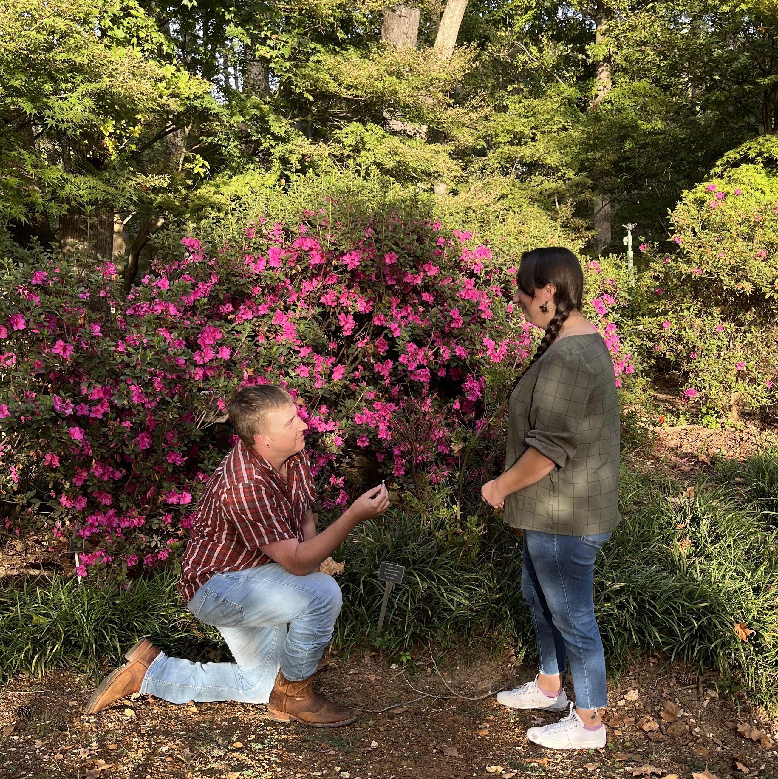 After more than four years together, Ethan proposed to Mikaela in the Azalea Gardens at Stephen F. Austin State University where they first met in 2016. In Nacogdoches, Texas on October 21, 2023.