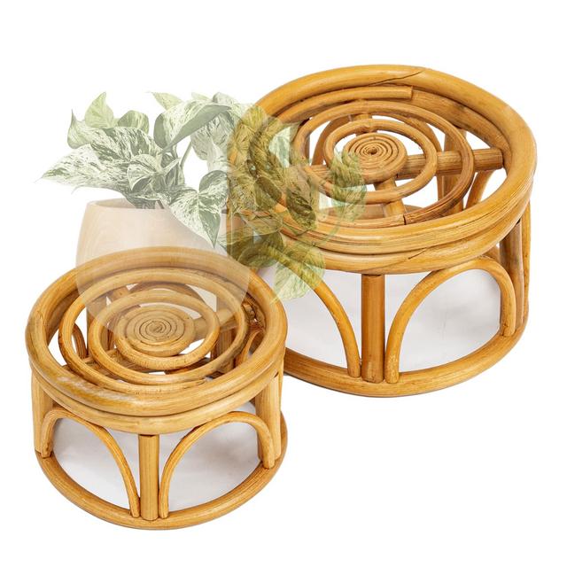 Pack of 2 Mini Rattan Woven Plant Stand for Indoor Plants Round Decorative Flower Riser Holder Modern Plant Stand with Boho Plant Stand Holder Suitable Fits 4'' and 6'' Pots (S, M)