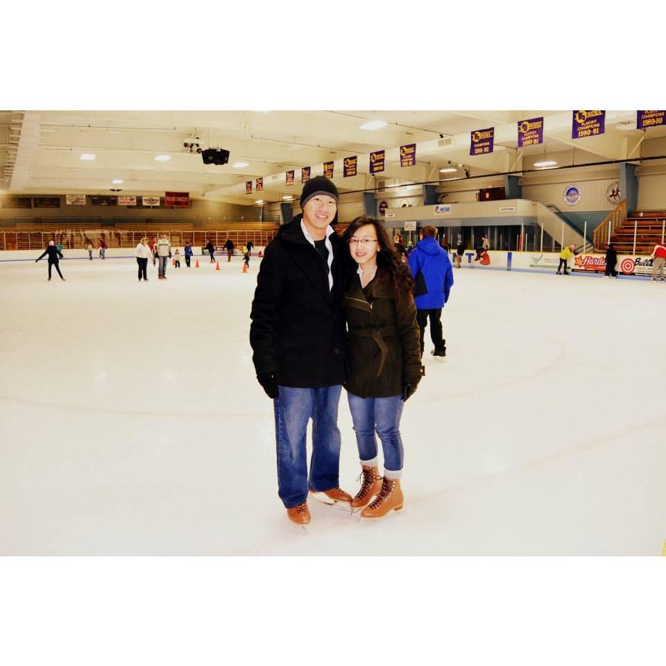 Our very first date: Ice Skating. Where he got a scar from the skates because he didn't wear high enough socks. They are his "love scars" from me.
