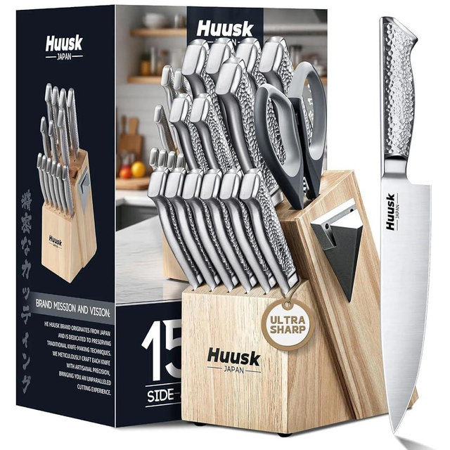 Huusk Kitchen Knife Set with Block & Built-in Sharpener - 15pcs Japanese Stainless Steel Knife Block Set, Dishwasher Safe, Sharp Professional Chef Sets for Kitchen, Home-warming Gift for Men