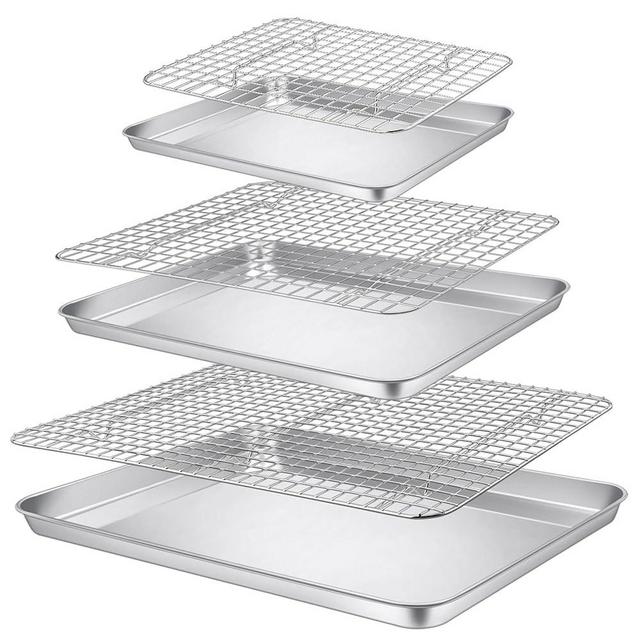 P&P CHEF Baking Sheet and Rack Set, 6 PACK (3 Sheets + 3 Racks), 3 Sizes Stainless Steel Baking Pans Cookie Sheets with Cooling Racks for Cooking & Roasting, Oven & Dishwasher Safe, Healthy & Durable