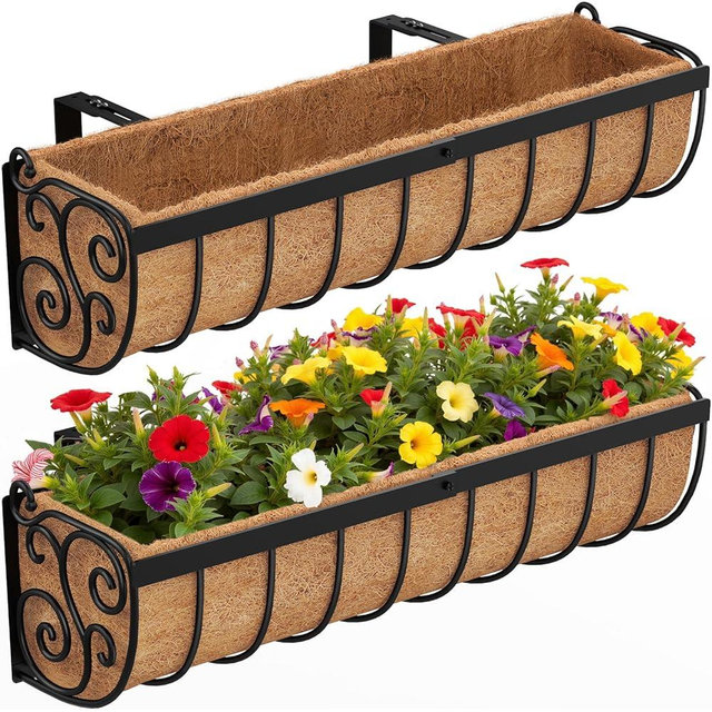 VOXOR Railing Planter Boxes, 24 Inch Window Boxes Planters, Balcony Planters with Adjustable Brackets & Coco Liner & Support Rod for Outdoor Fence, Deck, Porch, and Patio Gardening, 2 Pack
