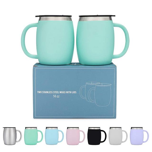 Stainless Steel Coffee Mugs with Lids - 14 Oz Double Walled Insulated Coffee Beer Mugs - Set of 2 - Mint - Best Value - BPA Free Healthy Choice - Shatterproof and Spill Resistant - By Avito