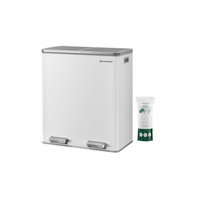 SONGMICS 16 Gal Trash Can, Garbage Can for Kitchen, with 15 Trash Bags, 2 Compartments, Airtight, White and Grey