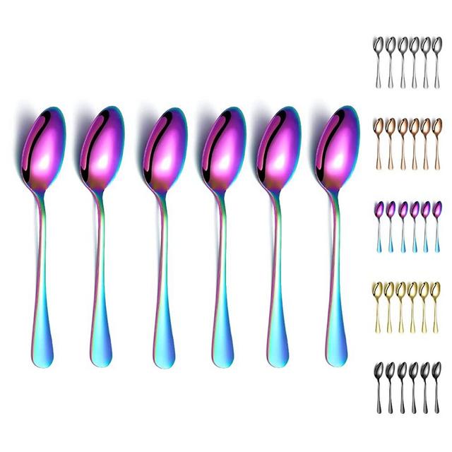 Rainbow Dinner Spoons, Kyraton 6 Pieces 7.5" Stainless Steel Table Spoon With Titanium Colorful Plating, Rainbow Soup Spoons, Dessert Spoons Sliverware Dishwasher Safe Set of 6