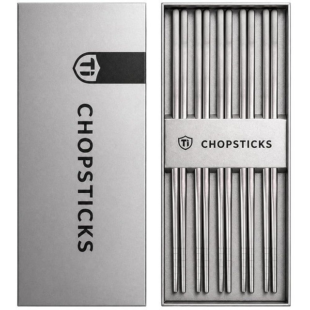 Nicunom 5 Pairs Pure Titanium Chopsticks, Ultralight Titanium Metal Chopsticks Dishwasher Safe Non-Slip Reusable Chopstick for Home Camping Travel, Silver Chop Sticks Gift Set
