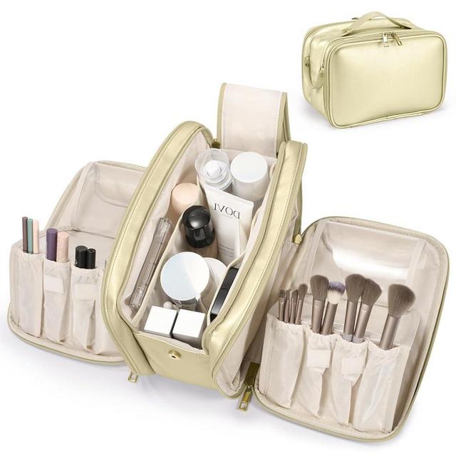 Travel Makeup Bag Women's Large Capacity Cosmetic Portable Organizer Large Opening Waterproof Storage Toiletry Bags Vertical Free-Standing Brush Holder for Easy Access Gold