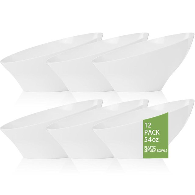 bUCLA 12 Pack White Plastic Serving Bowls - 54 OZ Angled Table Salad and Fruit Bowls Disposable for Chip&Candy - Ideal for Party & Wedding