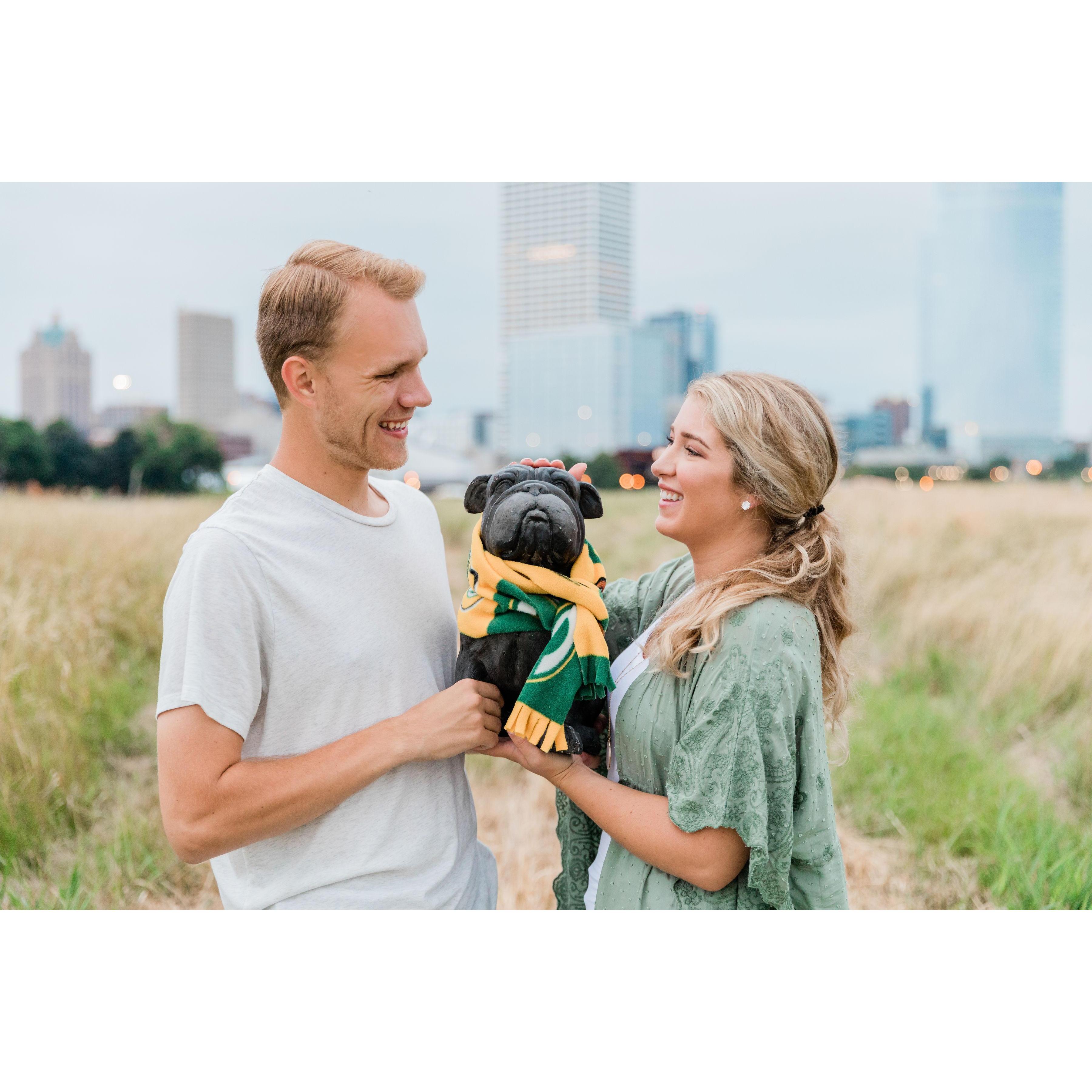 We've got a lot of questions about this dog statue. The story is that Kody has always wanted a Bulldog. Since we haven't been able to get a real dog, we got a statue instead. He's our Packers mascot.