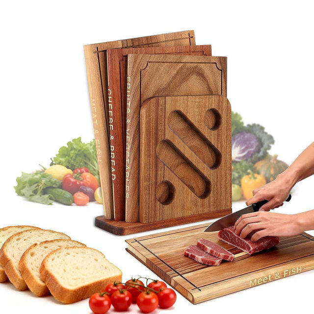 Hoforife Wooden Cutting Boards Set That Look Like Books, 3-Piece Acacia, Sapele & Peruvian Walnut Book Shaped Cutting Board with Stand Decorative & Functional Cutting Boards for Kitchen（Wood & Brown ）