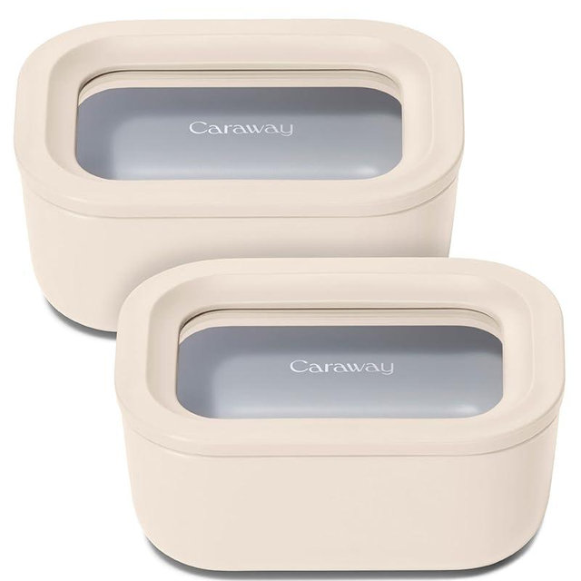 Caraway 2pc Glass Food Storage Set - 2.6 Cup Food Containers (2) - Non-Toxic Ceramic-Coated Glass - Air Release Technology - Compact & Stackable Design - Cream