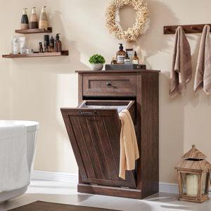 Tilt Out Laundry Hamper Cabinet, 10 Gallon Farmhouse Trash Can Cabinet with Drawer, Hidden Wood Garbage Can Bin Cabinet with Laundry Storage Basket for Bathroom, Kitchen, Brown