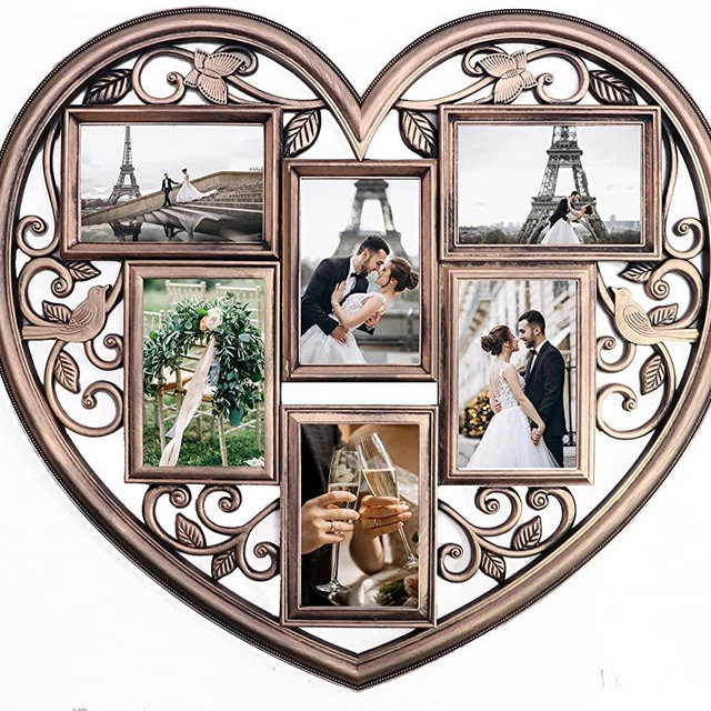 JOICE GIFT Gold Wall Large Hanging Heart Shape Collage Picture Frame 6 Opening 4" x 6"
