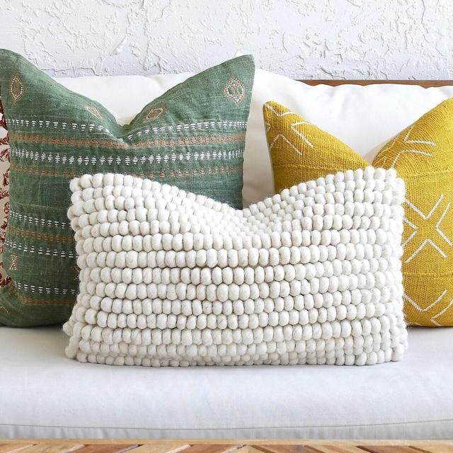 Throw Pillow Set, Textured Green, Mustard Yellow, Off White Accent Cover, Ivory Lumbar, Unique Decorative Sofa Pillow Covers