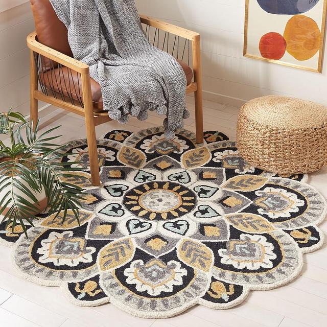SAFAVIEH Novelty Collection Area Rug - 8' Round, Ivory & Black, Handmade Boho Floral Rustic Country Wool, Ideal for The Living Room, Dining Room, Bedroom (NOV604Z-8R)
