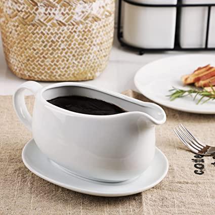 Buyajuju 25 oz Gravy Boat and Tray, Ceramic White Gravy Boat with Saucer Stand for Dining, 2 Pieces Procelain Gravy Boat and Saucer