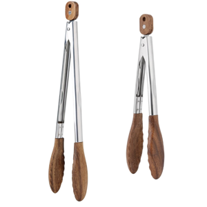 Kitchen Tongs Set - 9" & 12" Anti-Slip Long Wooden Cooking Tongs for BBQ, Grilling, Salad Tossing & Serving - Heat Resistant, Non-Stick Stainless Steel Handles with Hanging Hole