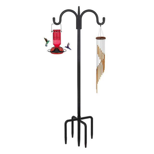 FEED GARDEN Adjustable Double Shepherds Hook for Outdoor with 5 Prong Base 63 Inch Heavy Duty Two Sided Bird Feeder Pole for Hanging Plant Baskets, Solar Light Lanterns, Wind Chimes