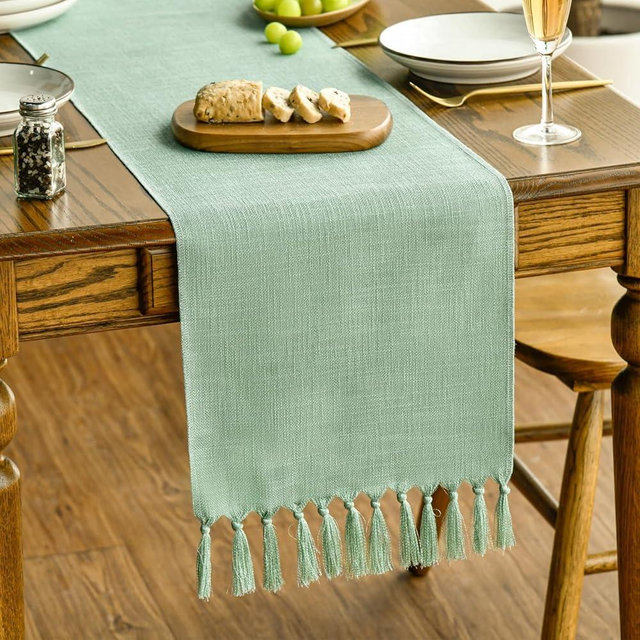 Artoid Mode Sage Green Spring Tassel Table Runner, Boho Linen Blend Rustic Farmhouse Style Kitchen Table Decoration Holiday Wedding Party Dinning Decor 13x72 Inch