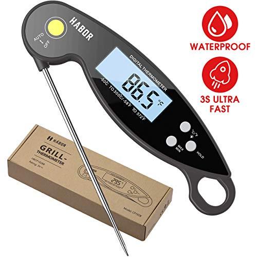 Habor Digital Meat Waterproof Thermometer Ultra Fast Kitchen Thermometer Instant Read with Ambidextrous Backlit & Reversible Screen Magnetic for Chicken Turkey Grill BBQ Water Candy Liquid